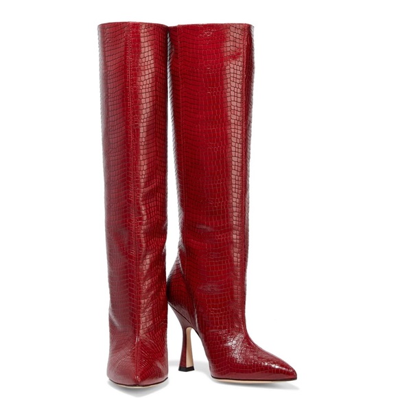 Stuart Weitzman Parton Red Croc Snakeskin Leather Tall Heel Boots - Picture 4 of 14